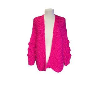 Oversized Pink Chunky Hand Knit Bubble Wool Lantern Sleeves Cardigan. Small